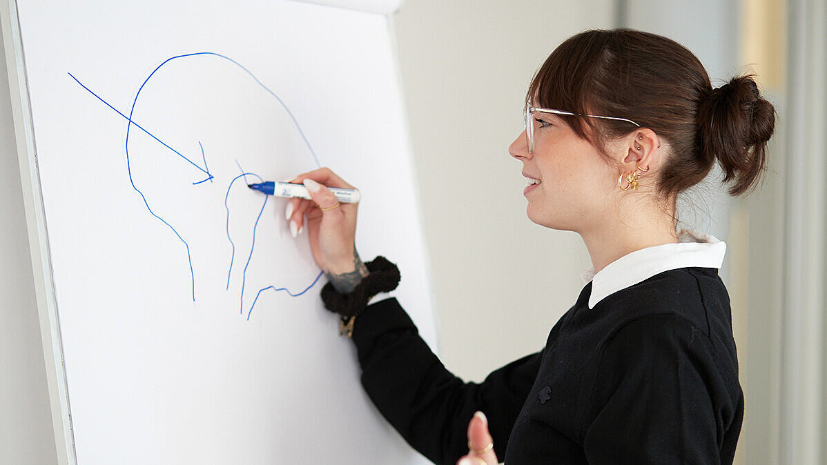 Ein Frau malt und erklärt etwas an einer Flipchart.